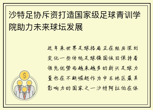 沙特足协斥资打造国家级足球青训学院助力未来球坛发展 沙特足协斥资打造国家级足球青训学院助力未来球坛发展